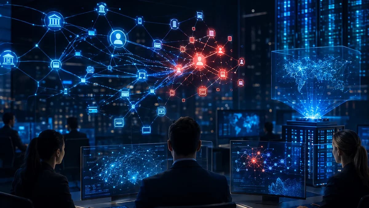 AI fraud detection network mapping bank accounts, devices, and card activity in a modern finance control room