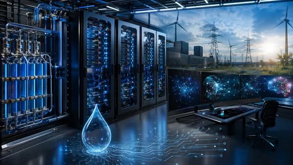 Futuristic AI data center with liquid cooling and subtle water droplet imagery, hinting at hidden resource costs.