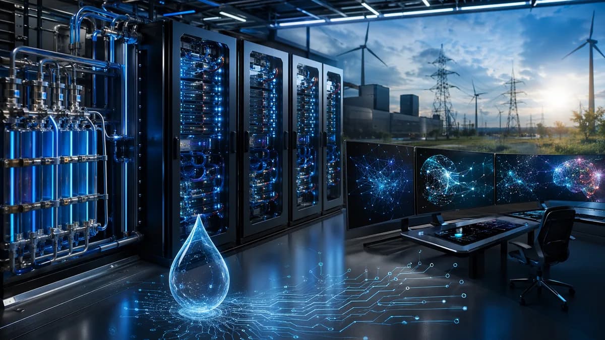 Futuristic AI data center with liquid cooling and subtle water droplet imagery, hinting at hidden resource costs.
