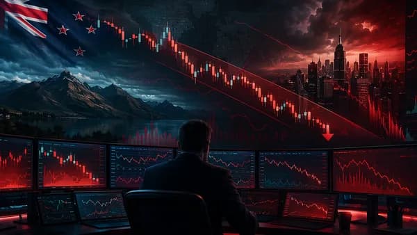Bearish currency trading scene with downward charts on a modern global trading desk