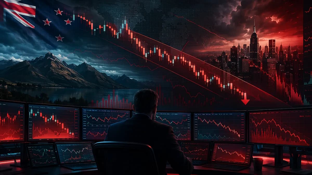 Bearish currency trading scene with downward charts on a modern global trading desk