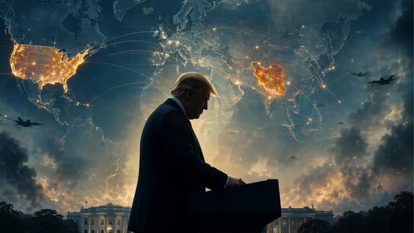 Geopolitical hero image showing US-Iran tensions, global map connections, and a somber leadership silhouette.