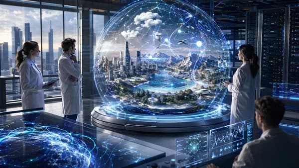 Futuristic AI lab showing a holographic world model simulation and venture-backed technology growth.