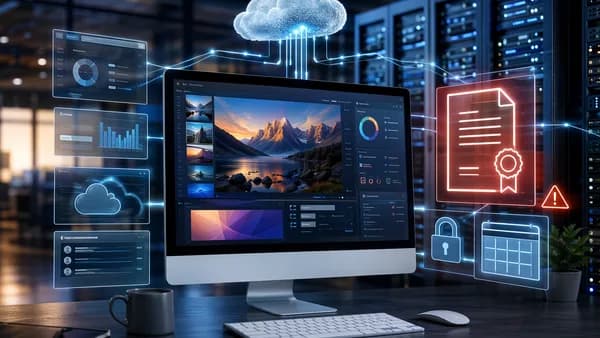 Mac workstation with faded productivity app controls, certificate warning, cloud SaaS and hosting infrastructure.