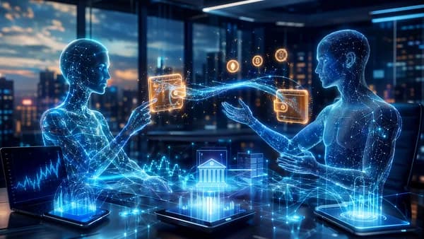 AI agents exchange digital wallet payments across a futuristic fintech network