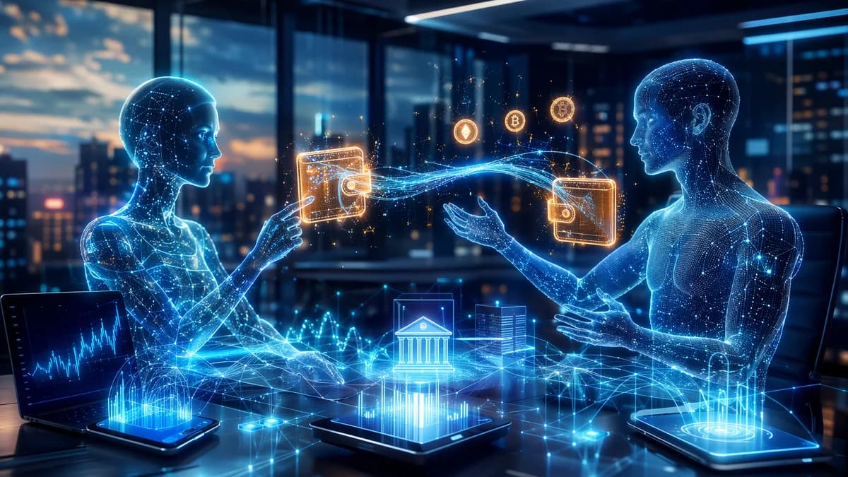 AI agents exchange digital wallet payments across a futuristic fintech network