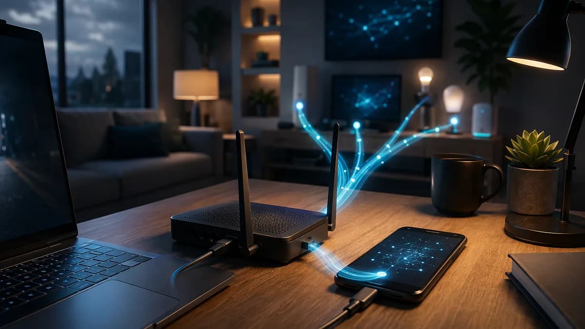 Old smartphone tethered to a home router, keeping Wi-Fi devices connected during an outage.