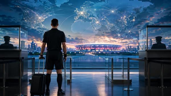 Referee at airport border with stadium and world map, symbolizing US entry denial and FIFA payment.
