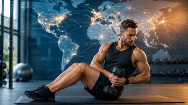 Trainer using one dumbbell for core training in a modern gym with global map connections behind