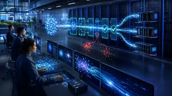 AI inference pipeline in a futuristic tech workspace with validation gates and glowing servers