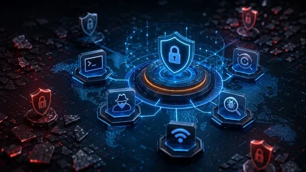 Modular cybersecurity testing stack with shields, locks, and protected network nodes in a dark tech scene
