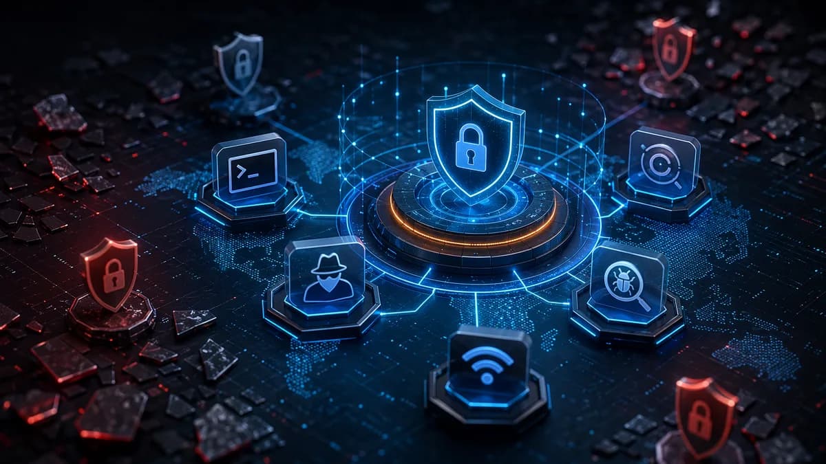 Modular cybersecurity testing stack with shields, locks, and protected network nodes in a dark tech scene