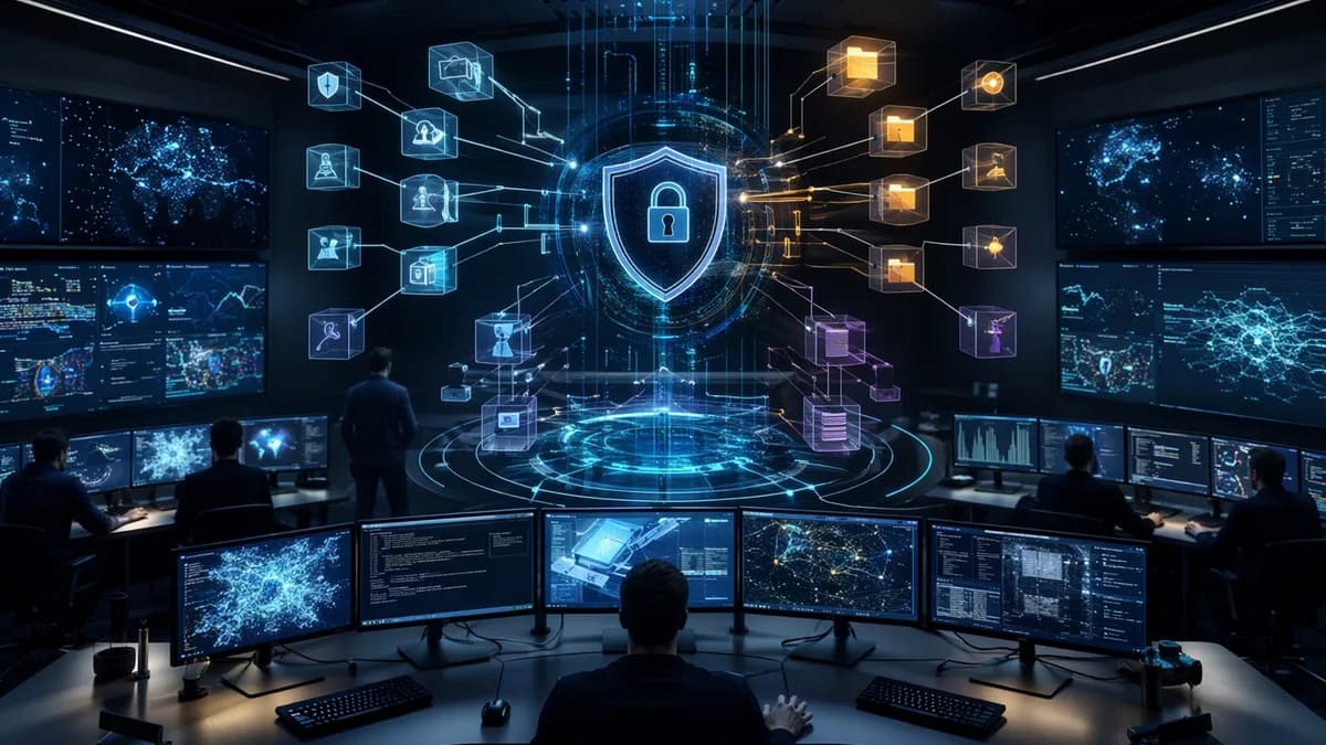 Enterprise cybersecurity stack with shields, locks, and pentest modules in a dark tech war room