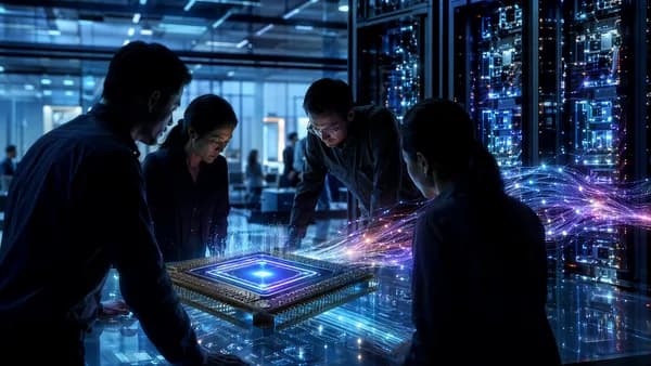 Glowing custom AI chip in a futuristic data center workspace with neural network visuals and engineers.
