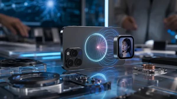 Smartphone with magnetic rear selfie screen and wireless charging coil in a futuristic tech workspace.