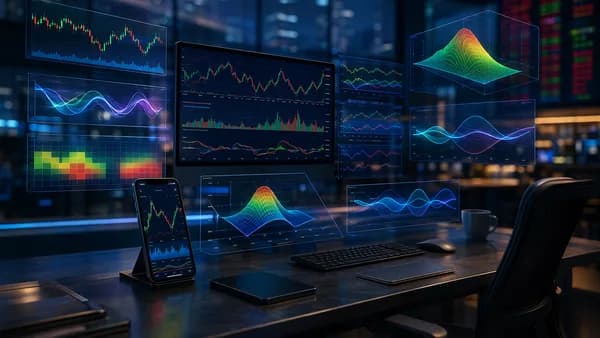 Modern options trading app with holographic risk charts and volatility visuals on a trading desk