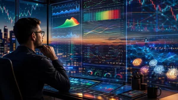 Trader reviews simulated options risk dashboards with market charts and virtual cash in a modern trading setup