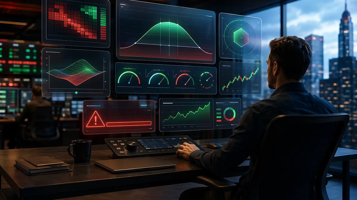 Trader workstation with floating risk analytics panels for options trading decisions.