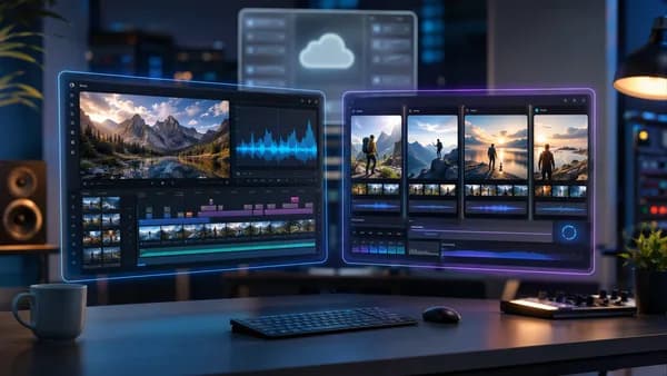 AI video editing dashboards comparing polished editing with fast short-clip automation in a modern SaaS workspace