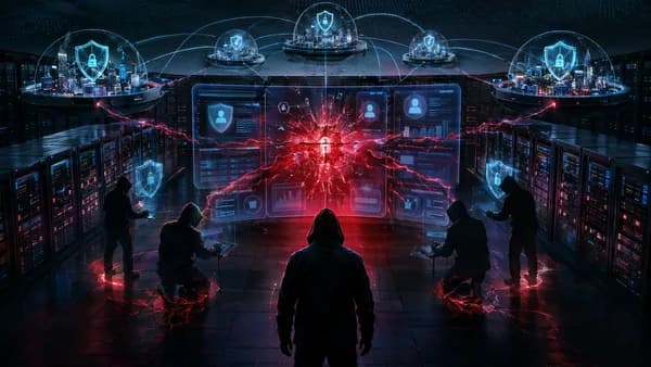Dark data center with breached security shields and hacker intrusion paths symbolizing a widespread enterprise flaw.
