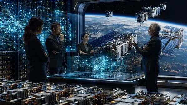 Futuristic AI chip hub overlooking orbital data center satellites above Earth.