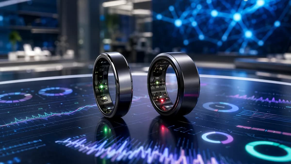 Two smart rings on a futuristic health tracking dashboard in a sleek tech workspace.
