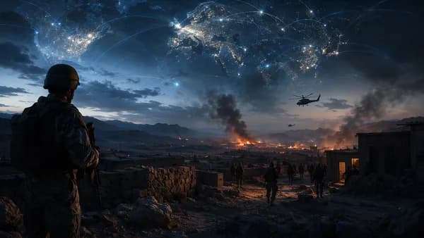 Tense Pakistan-Afghanistan border scene with smoke, military silhouettes, and global map overlay.