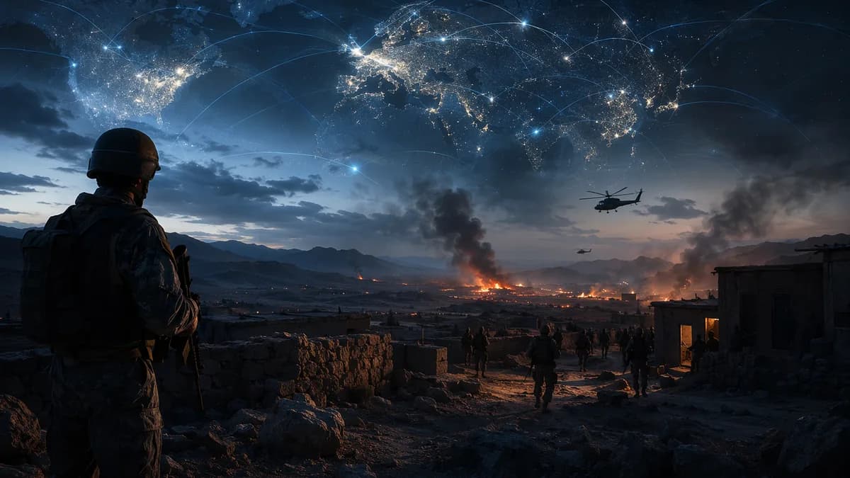 Tense Pakistan-Afghanistan border scene with smoke, military silhouettes, and global map overlay.