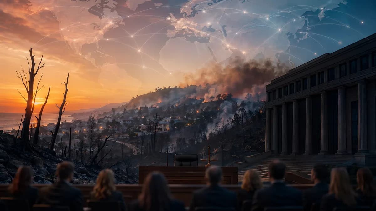 California wildfire aftermath with courthouse silhouette, jury figures, and global map connections.