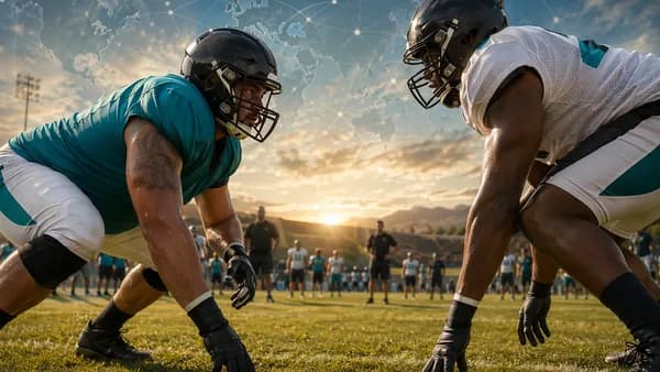 Two generic football linemen compete at training camp with a subtle global map network backdrop.