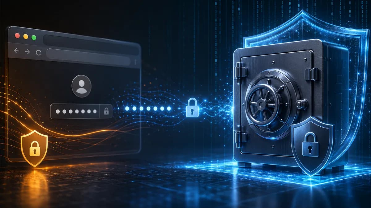 Browser password tool contrasted with a secure password manager vault in a dark cybersecurity scene