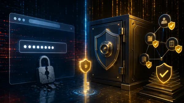 Browser password tool versus stronger dedicated password manager vault in a dark cybersecurity scene