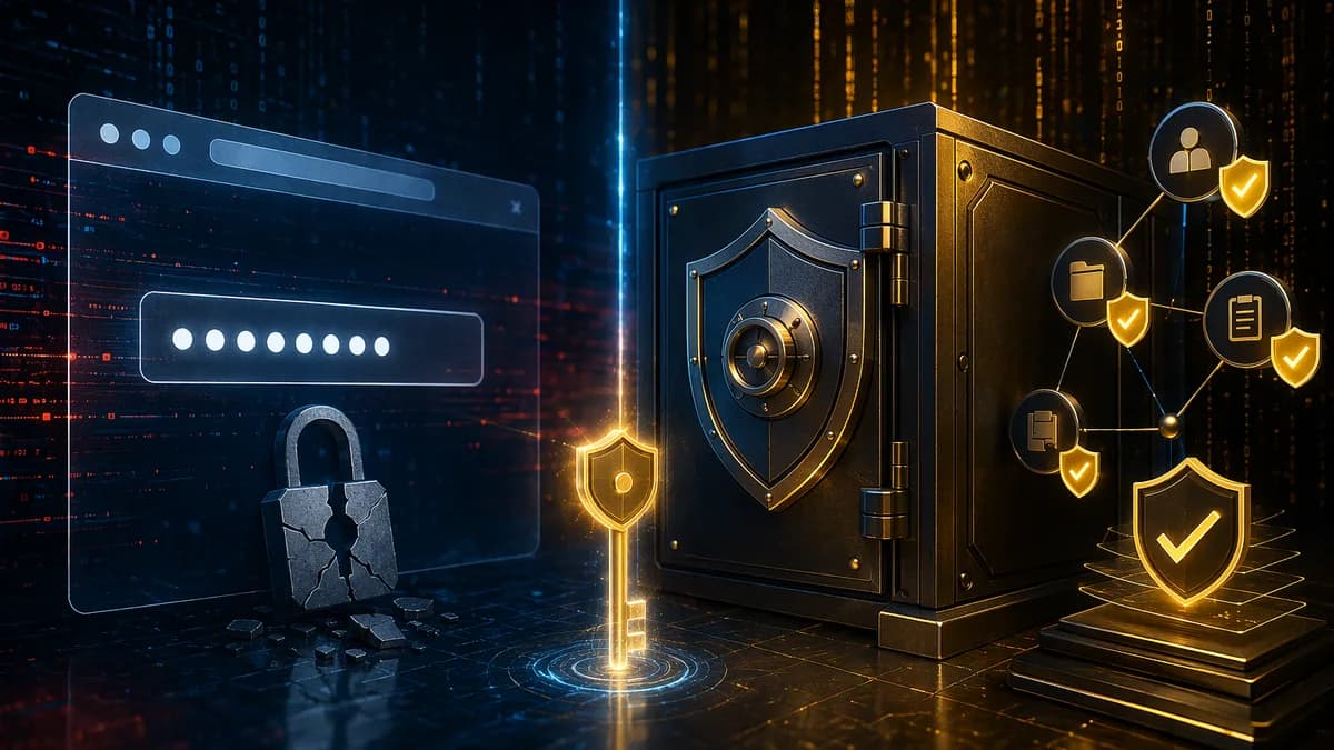 Browser password tool versus stronger dedicated password manager vault in a dark cybersecurity scene