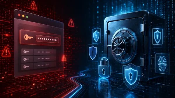 Secure password vault contrasted with risky browser password storage in a dark cybersecurity scene