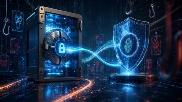Futuristic password vault and passkey shield working together against phishing threats