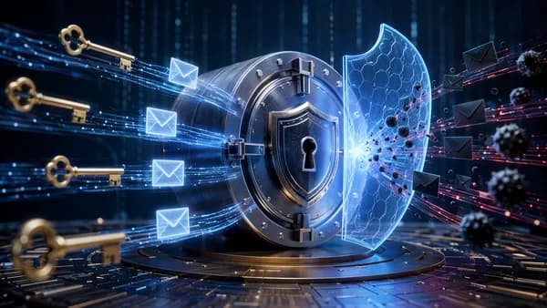 Secure password vault deflecting spam emails with shields, locks and encrypted data streams.