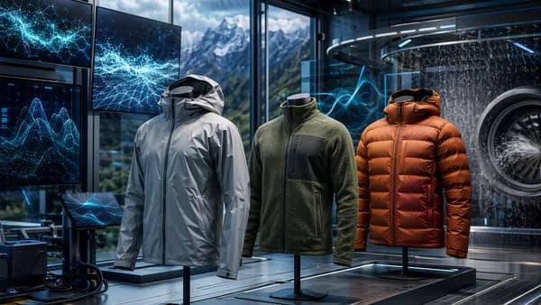 Three unbranded outdoor jackets in a futuristic gear testing lab with holographic tech displays.