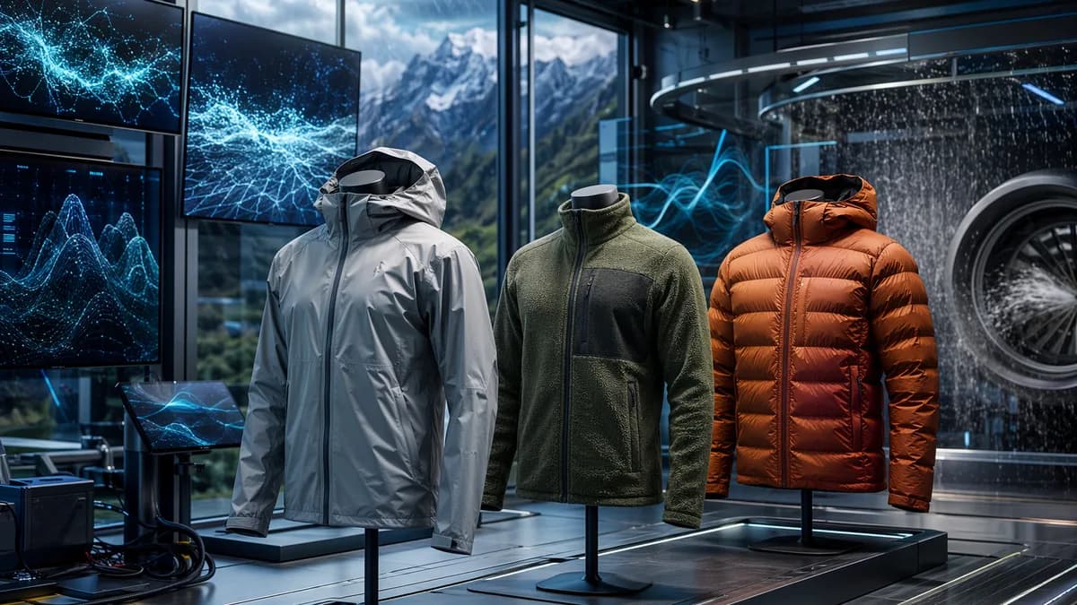 Three unbranded outdoor jackets in a futuristic gear testing lab with holographic tech displays.