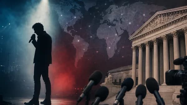 Anonymous singer silhouette, courthouse, microphones, and world map evoke a global legal controversy.