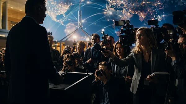 Politician and journalist face off in a media scrum with global map backdrop, symbolizing press freedom tensions.