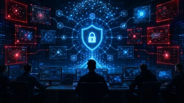 Cybersecurity audit scene with shields, locks, code matrix, and testing tools converging into a secure workflow.