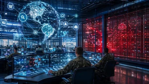 Pentagon-style tech command center with holographic networks and restricted Chinese cloud data streams.