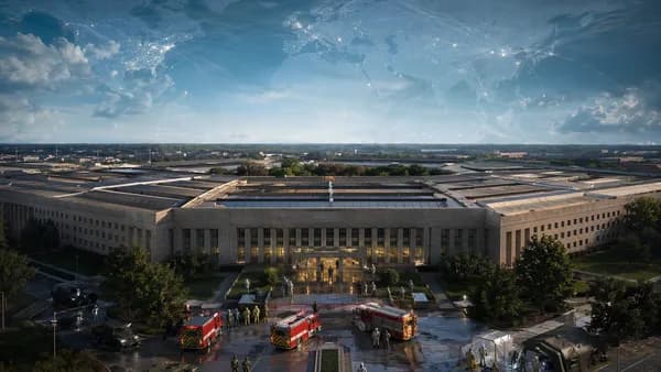 Hazmat responders outside a Pentagon-like building after an air quality alarm, with global map overlay.