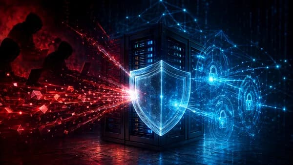 Enterprise server shielded from zero-day data theft attacks in a dark cybersecurity scene.