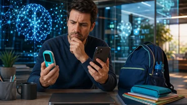Parent weighing a basic kids device against a costly smartphone in a futuristic tech workspace