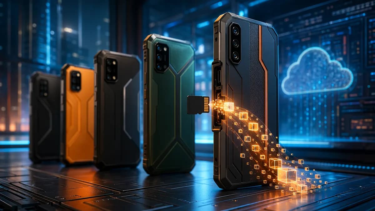 Modern smartphones with a highlighted microSD card in a futuristic tech workspace.