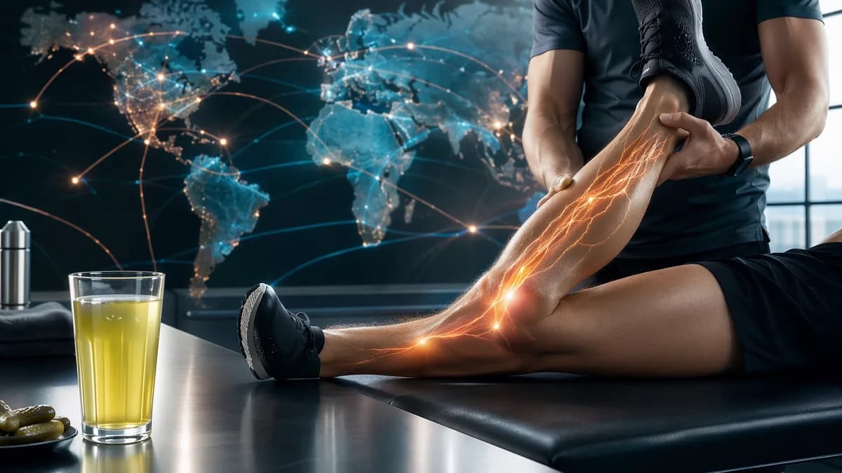 Pickle juice and athlete stretching with neural glow before a world map of global health connections