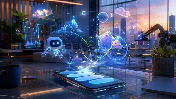 AR characters emerge from a smartphone in a sleek futuristic workspace with neural network visuals.