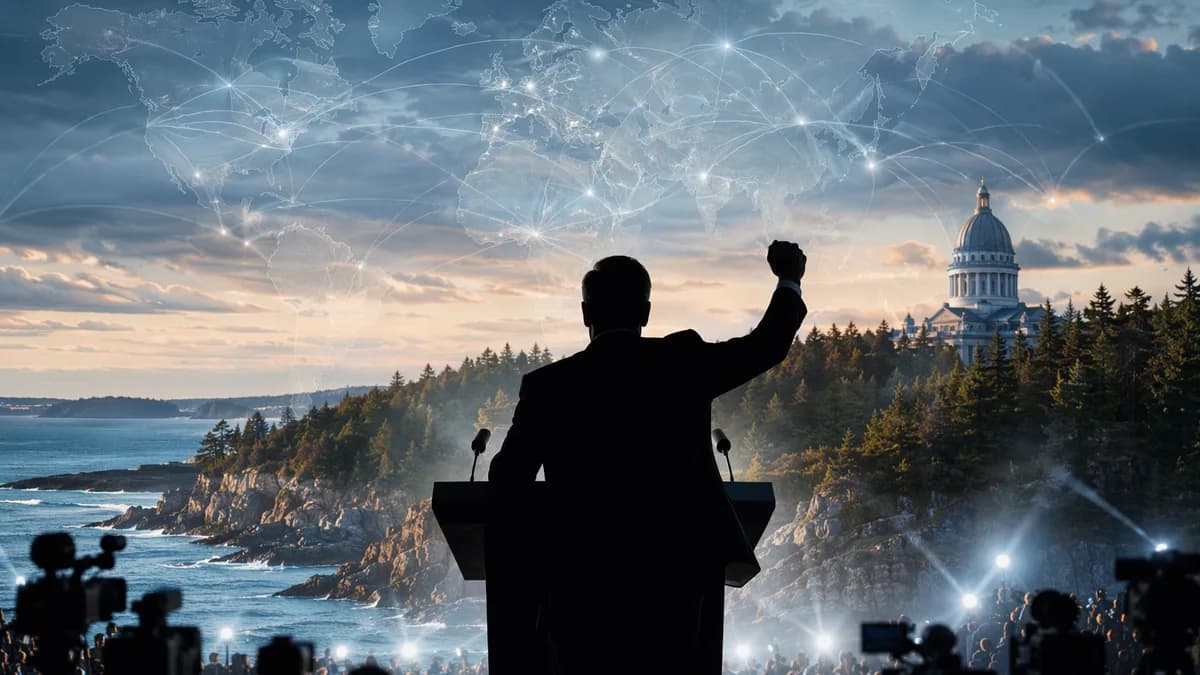 Generic Maine political candidate at podium with coastal backdrop and global connection map overlay.