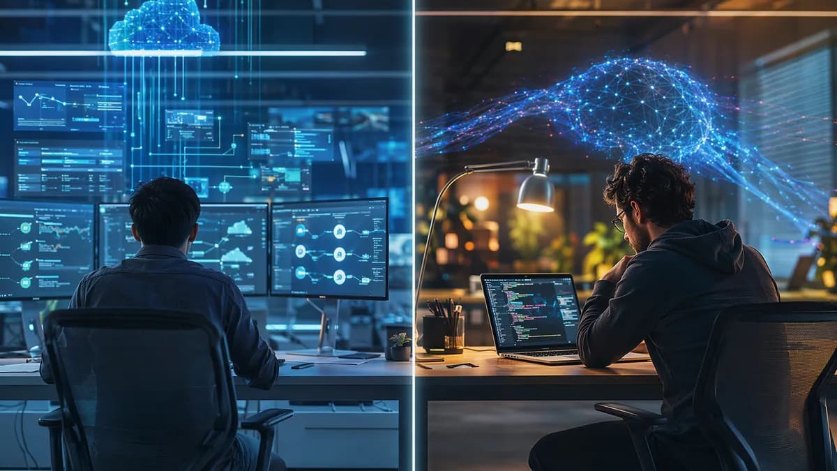 Split futuristic testing workspace contrasting CI automation with local debugging